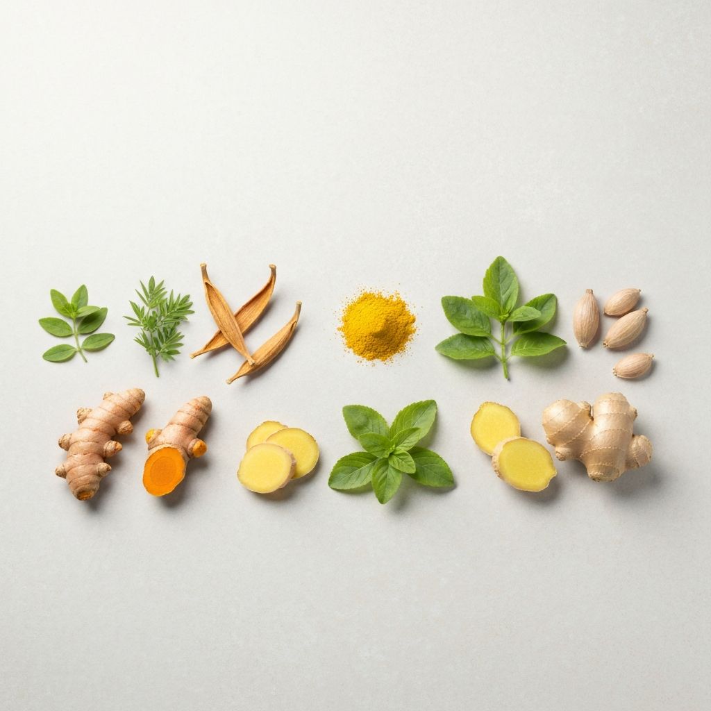 Natural botanical ingredients like turmeric, ginger, and herbs for wellness
